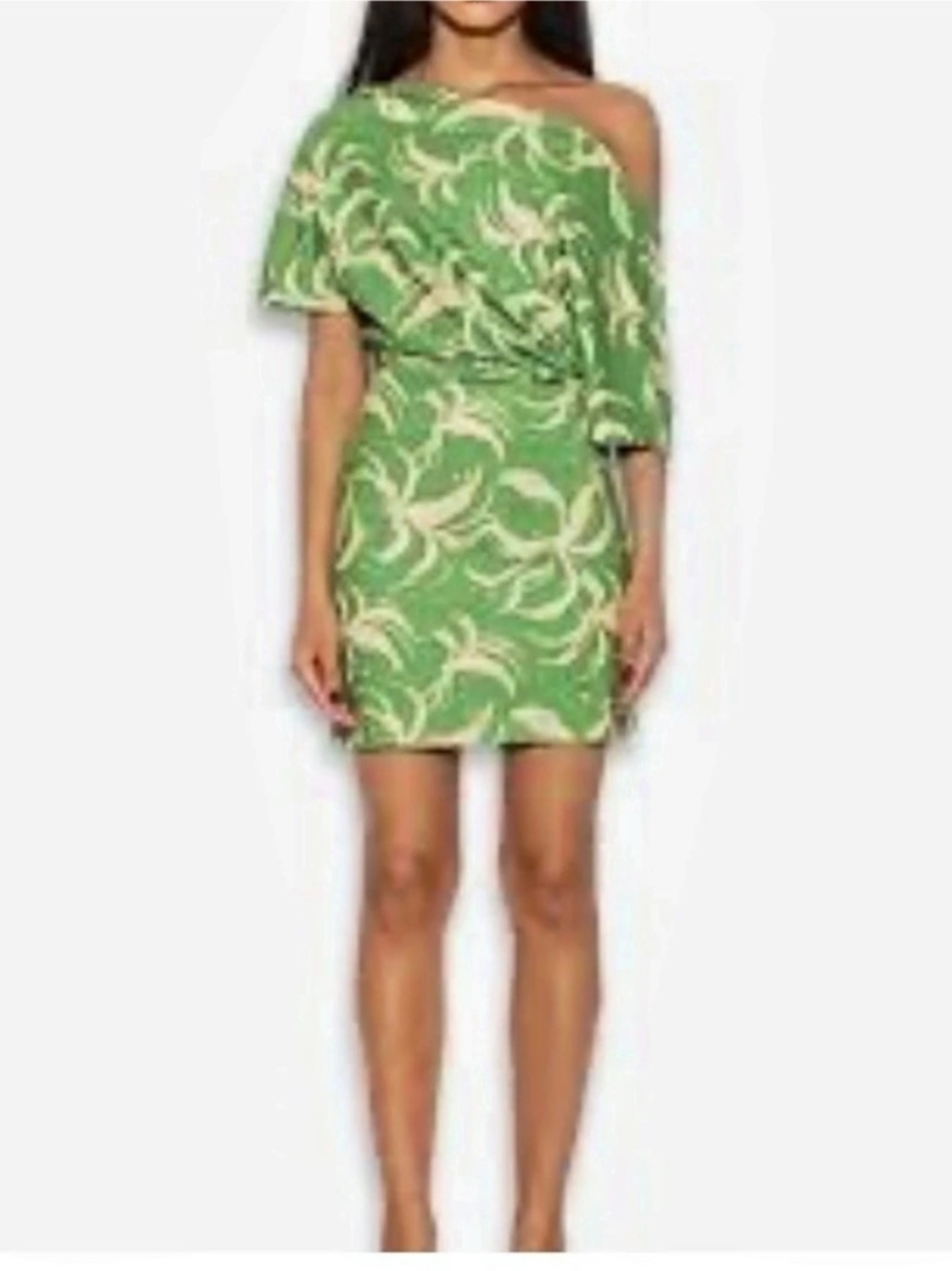 FARM Rio Green One Shoulder Lea Mini Dress Green & Cream